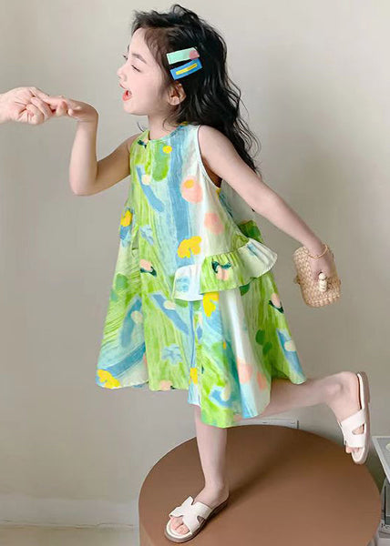 Stylish Green O Neck Print Cotton Girls Dresses Sleeveless EW061 WS-RCTZSDGL240809