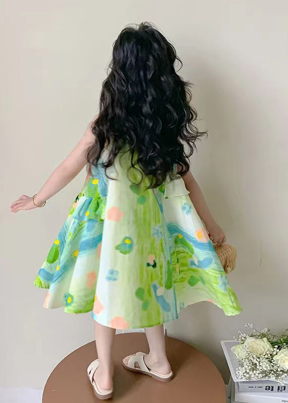 Stylish Green O Neck Print Cotton Girls Dresses Sleeveless EW061 WS-RCTZSDGL240809