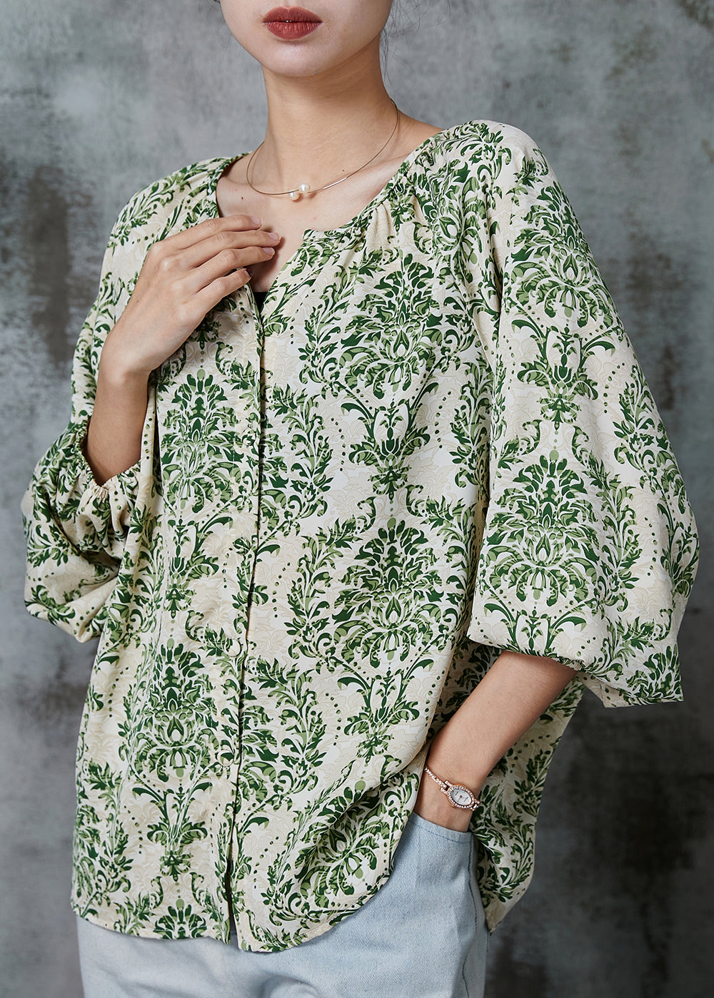 Stylish Green Oversized Print Chiffon Shirt Top Spring AL1016 Genistyle Shop