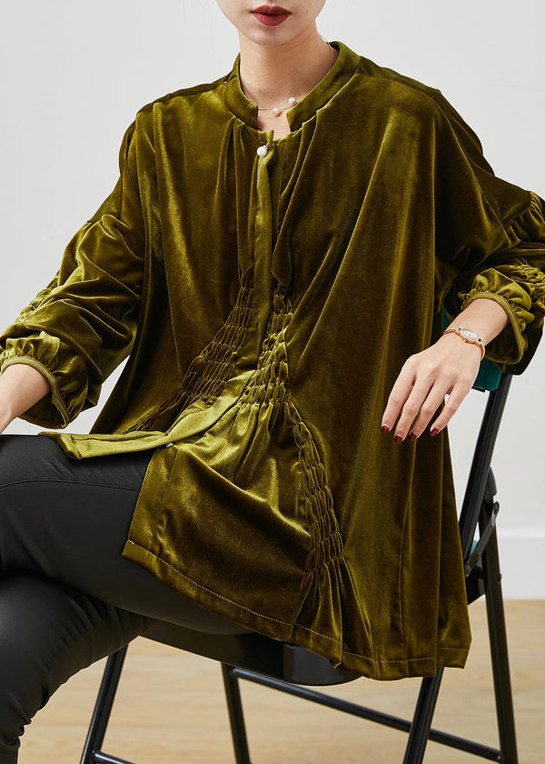 Stylish Green Oversized Wrinkled Silk Velour Shirt Spring YU1066 Ada Fashion