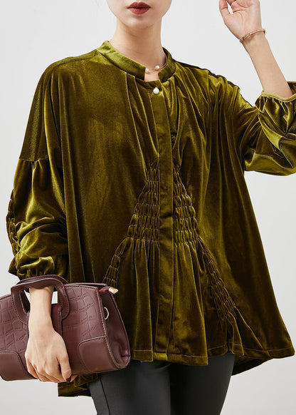Stylish Green Oversized Wrinkled Silk Velour Shirt Spring YU1066 Ada Fashion