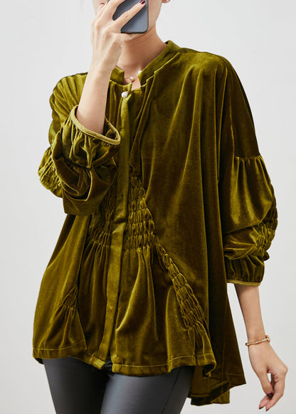 Stylish Green Oversized Wrinkled Silk Velour Shirt Spring YU1066 Ada Fashion