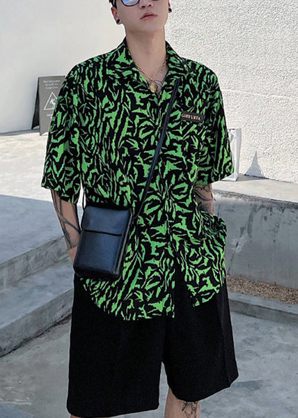 Stylish Green Peter Pan Collar Print Men Hawaiian Shirts Summer HG030 Men-Silk-MENSTP240725