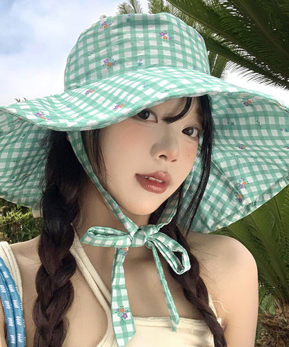 Stylish Green Plaid Lace Up Floppy Sun Hat WB031 ABC