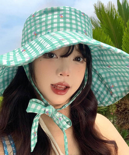 Stylish Green Plaid Lace Up Floppy Sun Hat WB031 ABC