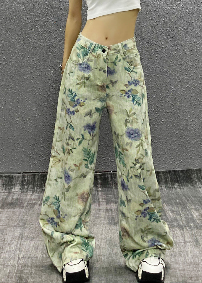Green Waist Summer Denim Stylish High Pants Print FashionChic
