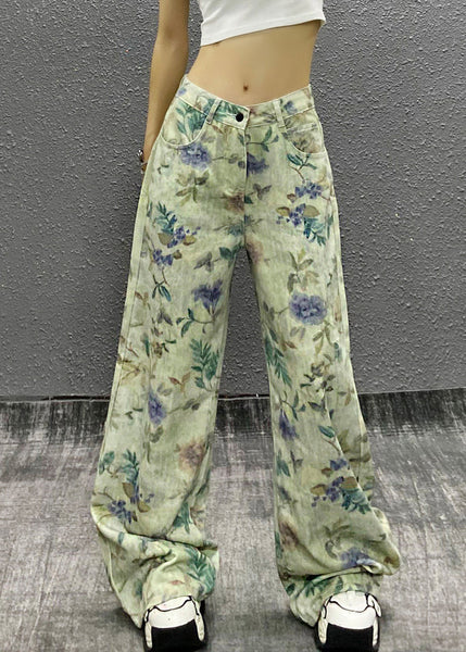 Green Waist Summer Denim Stylish High Pants Print FashionChic