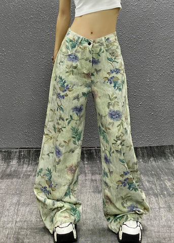 Green Waist Summer Denim Stylish High Pants Print FashionChic