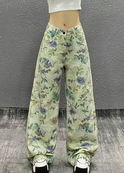 Green Waist Summer Denim Stylish High Pants Print FashionChic