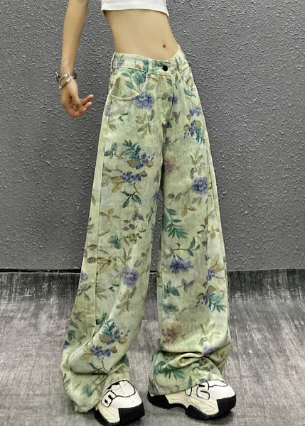 Green Waist Summer Denim Stylish High Pants Print FashionChic
