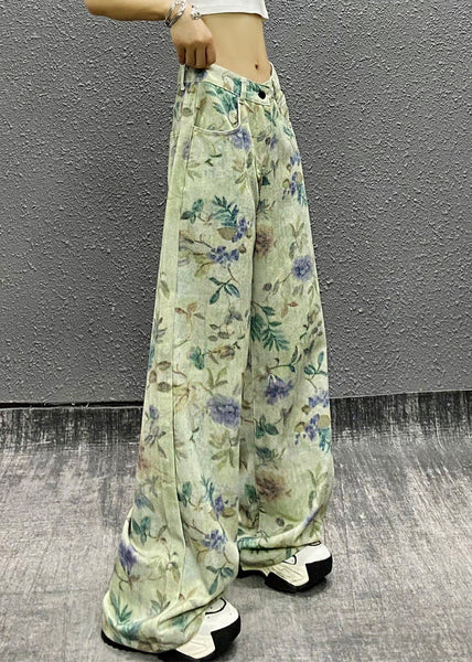 Green Waist Summer Denim Stylish High Pants Print FashionChic