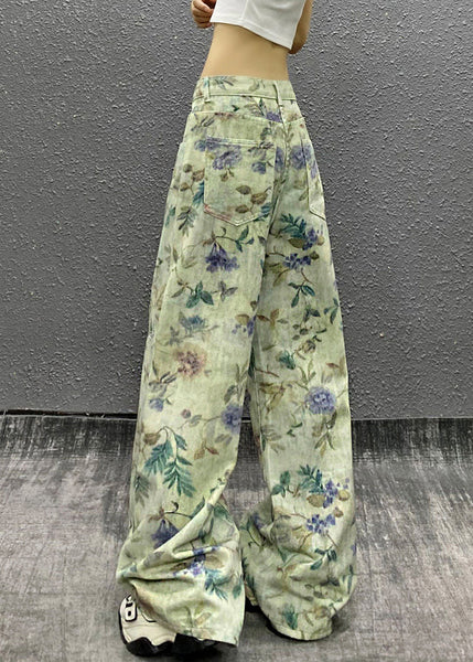 Green Waist Summer Denim Stylish High Pants Print FashionChic