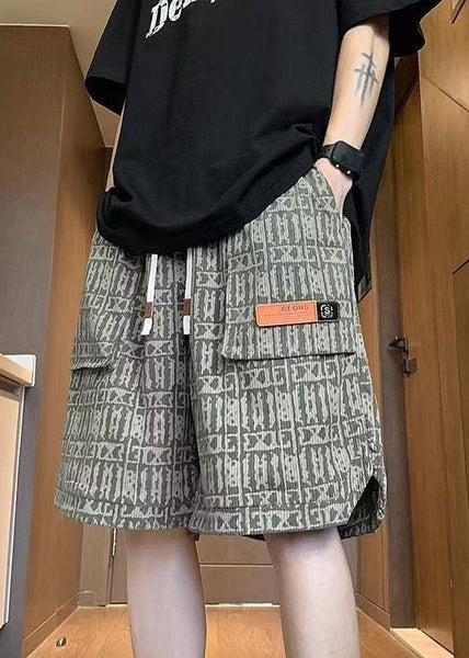 Print Shorts Waist Pockets Men Cotton Elastic Green Stylish FashionChic
