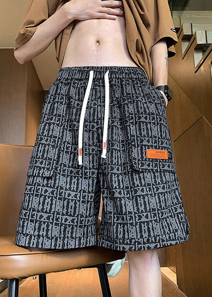 Print Shorts Waist Pockets Men Cotton Elastic Green Stylish FashionChic