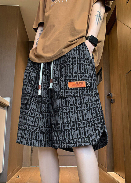 Print Shorts Waist Pockets Men Cotton Elastic Green Stylish FashionChic