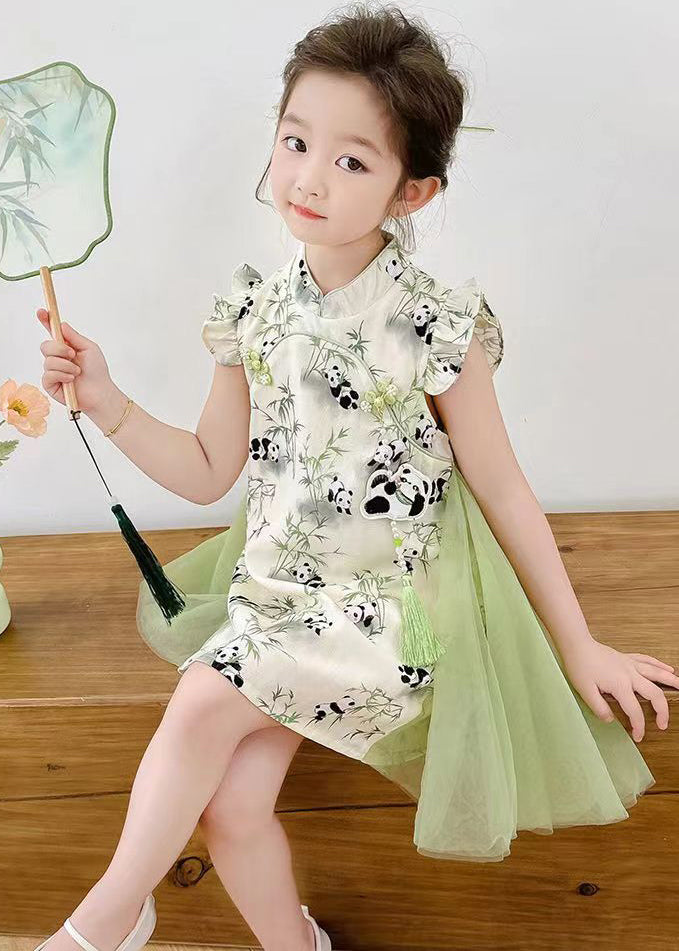 Stylish Green Print Tulle Patchwork Button Girls Mid Dresses Summer MN002 MM-RCTZ-SDGM240701