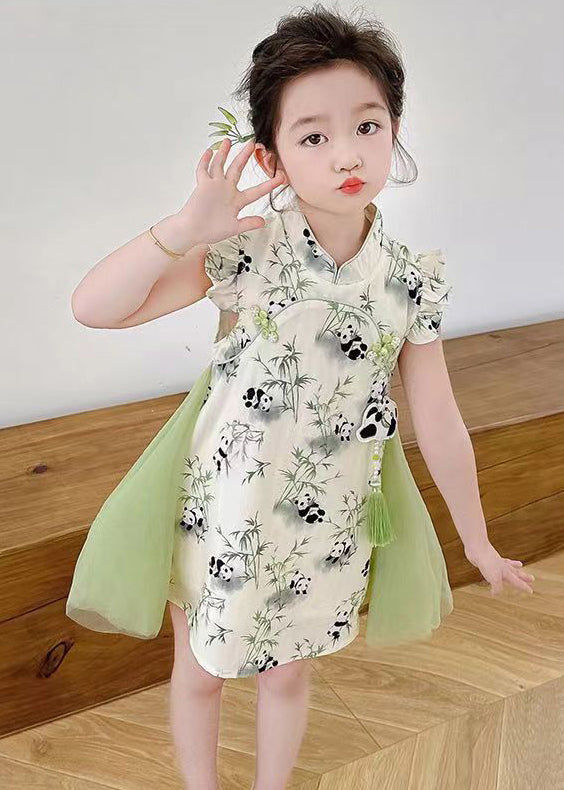 Stylish Green Print Tulle Patchwork Button Girls Mid Dresses Summer MN002 MM-RCTZ-SDGM240701