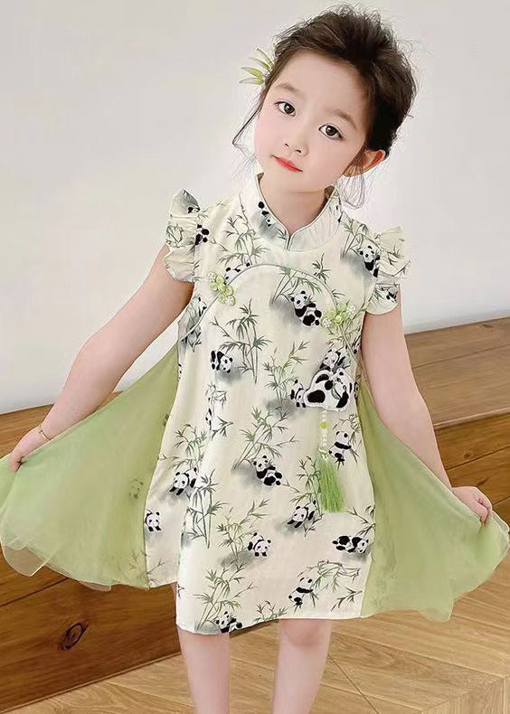 Stylish Green Print Tulle Patchwork Button Girls Mid Dresses Summer MN002 MM-RCTZ-SDGM240701