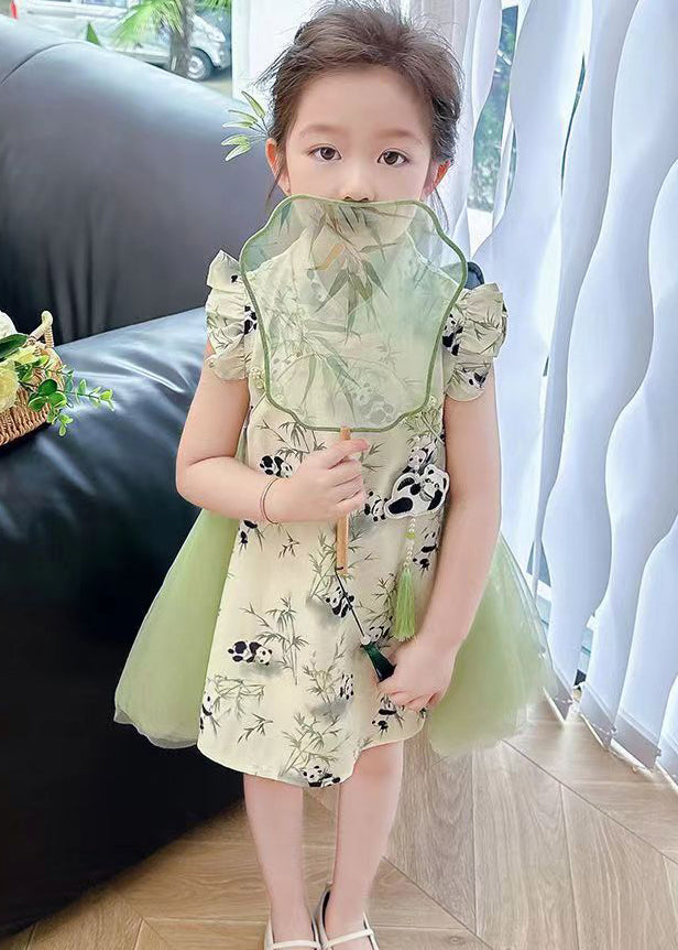 Stylish Green Print Tulle Patchwork Button Girls Mid Dresses Summer MN002 MM-RCTZ-SDGM240701