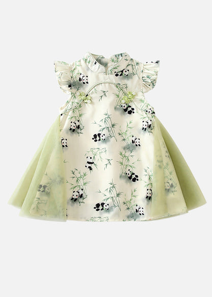 Stylish Green Print Tulle Patchwork Button Girls Mid Dresses Summer MN002 MM-RCTZ-SDGM240701