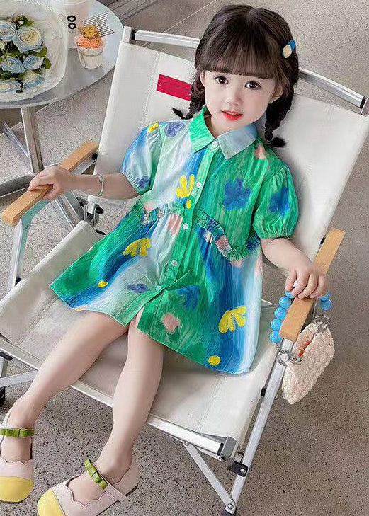 Stylish Green Ruffled Button Cotton Girls Shirt Dresses Summer XZ060 FALL-MM-RCTZ-SDGM240618