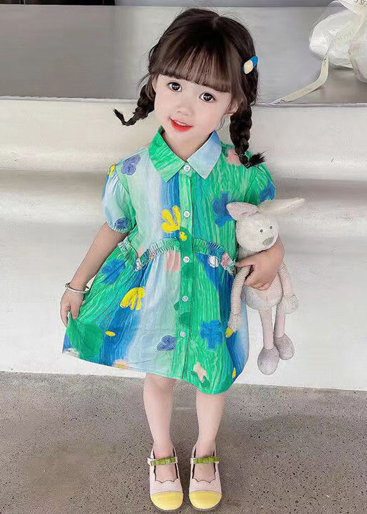 Stylish Green Ruffled Button Cotton Girls Shirt Dresses Summer XZ060 FALL-MM-RCTZ-SDGM240618