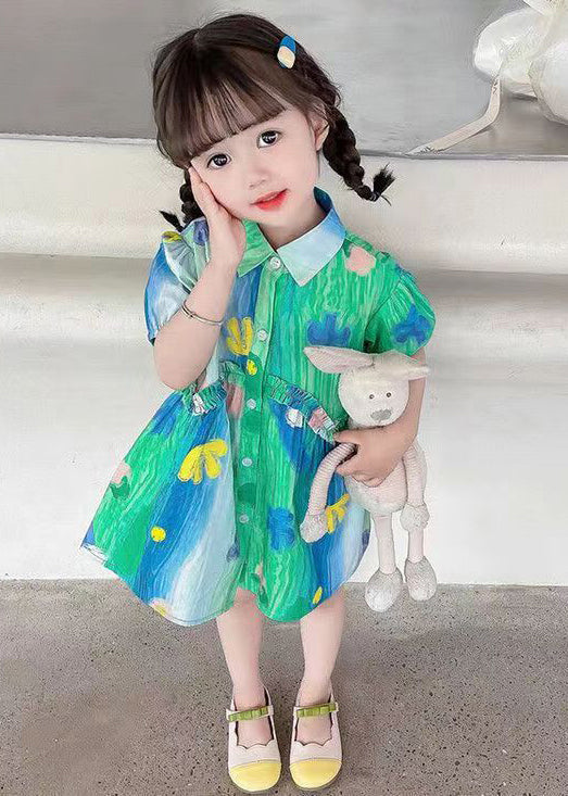 Stylish Green Ruffled Button Cotton Girls Shirt Dresses Summer XZ060 FALL-MM-RCTZ-SDGM240618