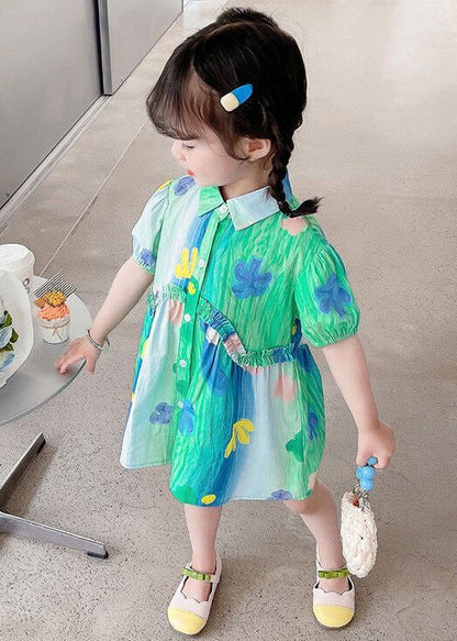 Stylish Green Ruffled Button Cotton Girls Shirt Dresses Summer XZ060 FALL-MM-RCTZ-SDGM240618