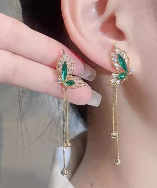 Stylish Green Sterling Silver Overgild Butterfly Tassel Drop Earrings PO039 JEW-EAR240729