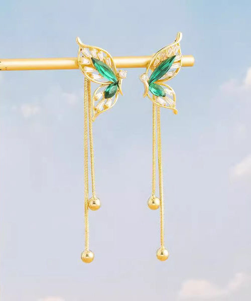 Stylish Green Sterling Silver Overgild Butterfly Tassel Drop Earrings PO039 JEW-EAR240729