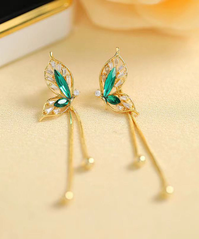 Stylish Green Sterling Silver Overgild Butterfly Tassel Drop Earrings PO039 JEW-EAR240729