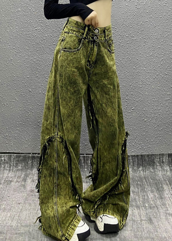 Stylish Green Tasseled Patchwork Denim Wide Leg Pants Fall WP058 NZ-LPTS241107