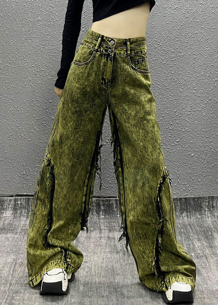 Stylish Green Tasseled Patchwork Denim Wide Leg Pants Fall WP058 NZ-LPTS241107