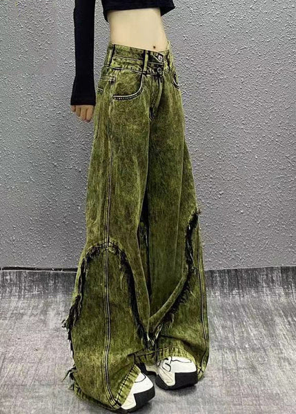 Stylish Green Tasseled Patchwork Denim Wide Leg Pants Fall WP058 NZ-LPTS241107