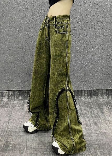 Stylish Green Tasseled Patchwork Denim Wide Leg Pants Fall WP058 NZ-LPTS241107