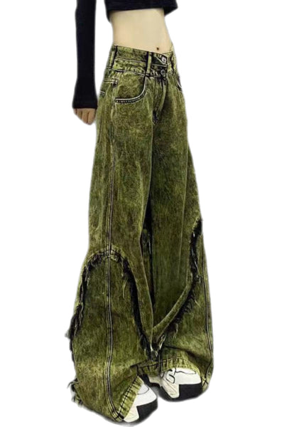 Stylish Green Tasseled Patchwork Denim Wide Leg Pants Fall WP058 NZ-LPTS241107