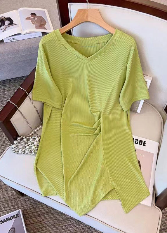 Stylish Green V Neck Asymmetrical Wrinkled Cotton T Shirt Top Summer AP042 GK-STP240718