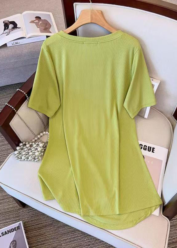 Stylish Green V Neck Asymmetrical Wrinkled Cotton T Shirt Top Summer AP042 GK-STP240718