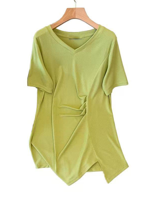 Stylish Green V Neck Asymmetrical Wrinkled Cotton T Shirt Top Summer AP042 GK-STP240718