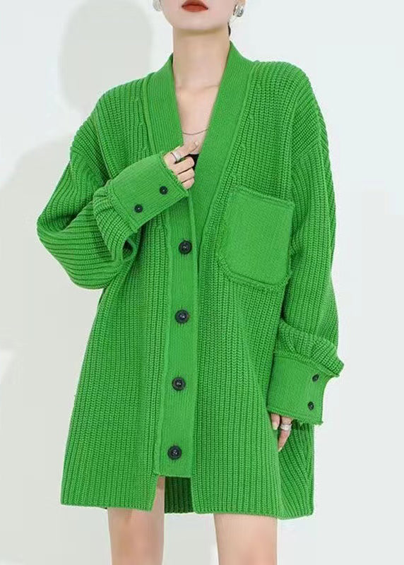 Stylish Green V Neck Button Patchwork Woolen Cardigan Fall WN038 ABC