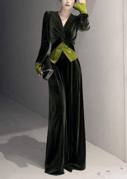 Stylish Leg Top Velvet Cinched Green Wide Silk Pants And V Neck FashionChic