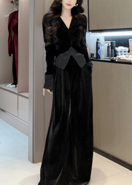 Stylish Leg Top Velvet Cinched Green Wide Silk Pants And V Neck FashionChic
