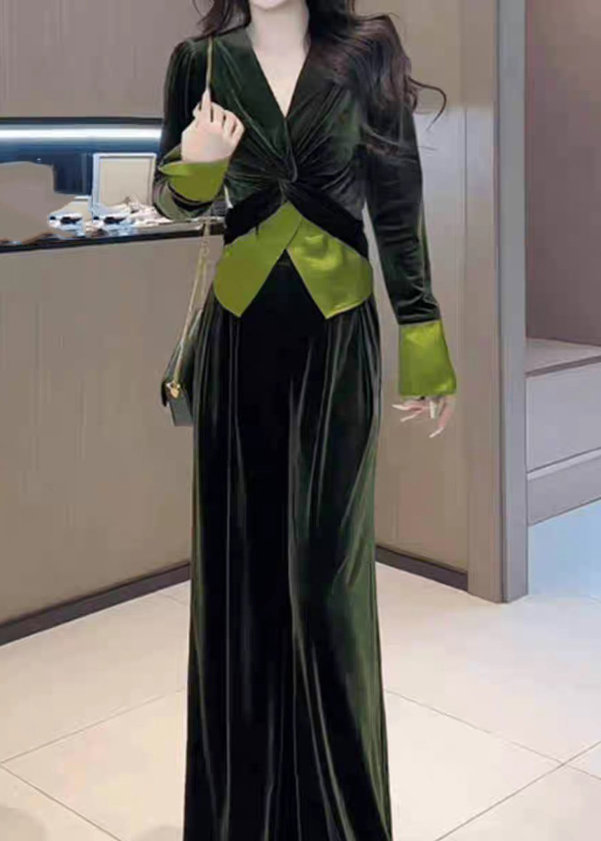 Stylish Leg Top Velvet Cinched Green Wide Silk Pants And V Neck FashionChic