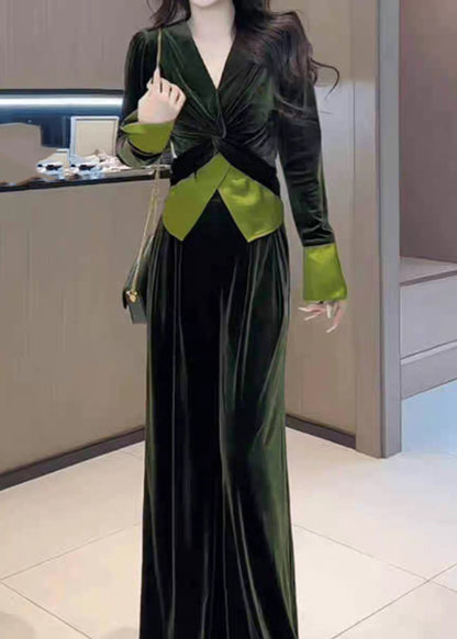 Stylish Leg Top Velvet Cinched Green Wide Silk Pants And V Neck FashionChic
