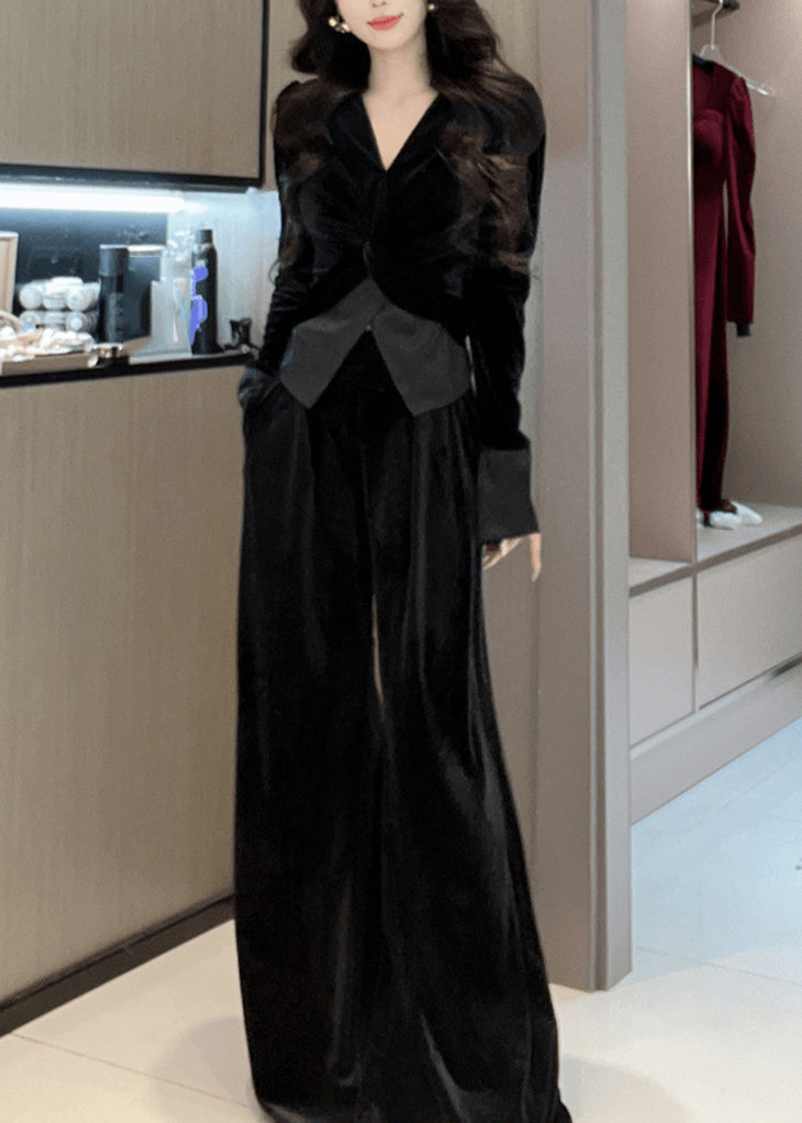 Stylish Leg Top Velvet Cinched Green Wide Silk Pants And V Neck FashionChic