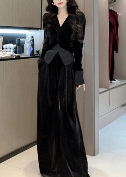 Stylish Leg Top Velvet Cinched Green Wide Silk Pants And V Neck FashionChic