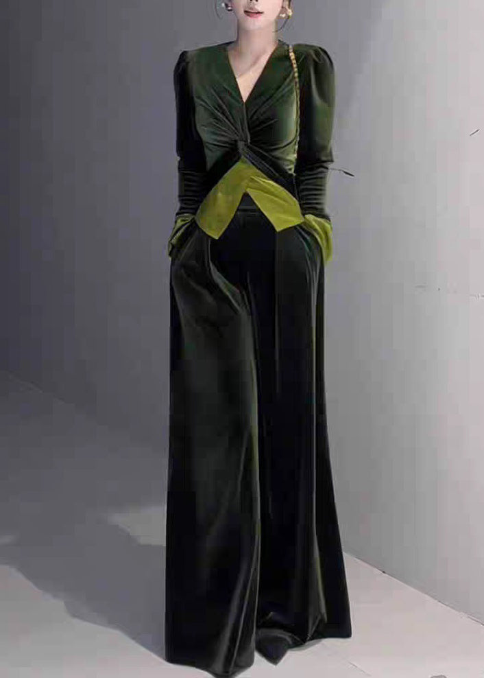 Stylish Leg Top Velvet Cinched Green Wide Silk Pants And V Neck FashionChic