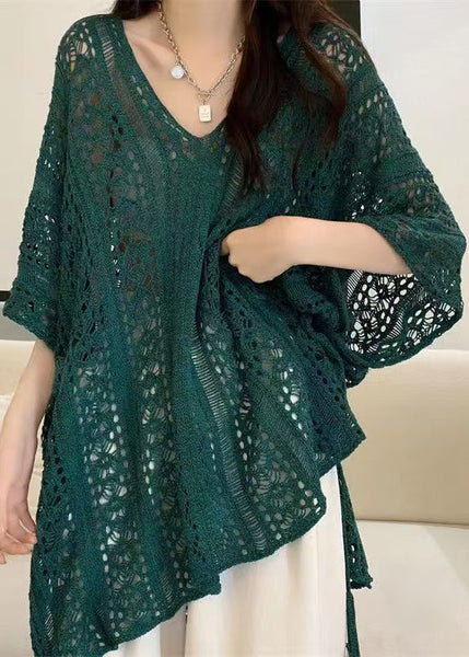 Stylish Neck V Knit Out Shirt Hollow Green Summer Tops FashionChic
