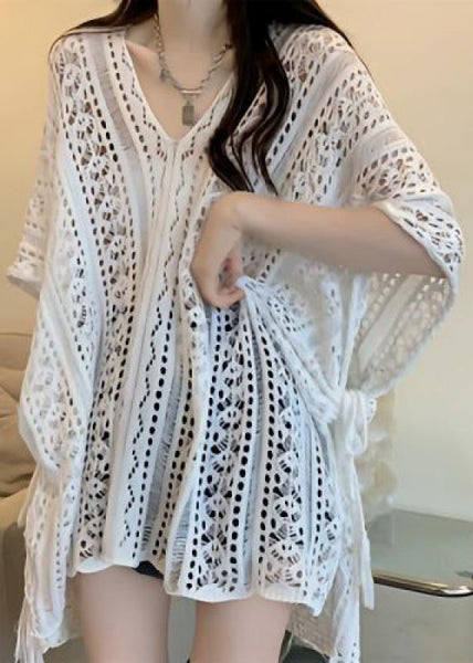 Stylish Neck V Knit Out Shirt Hollow Green Summer Tops FashionChic