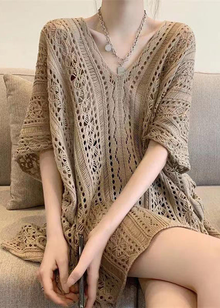 Stylish Neck V Knit Out Shirt Hollow Green Summer Tops FashionChic